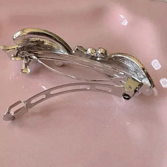 Light Blue Enamel and Crystal Bow & Heart Hair Barrette - Picture 3 of 6